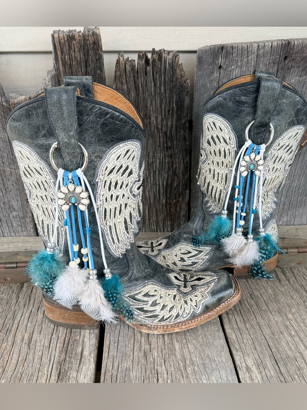 Western Boho Leather Beaded Fringe Boot Bling Jewelry Topper Charms